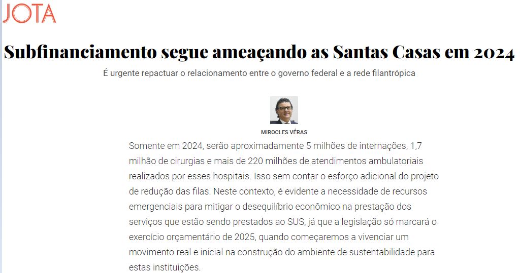 Subfinanciamento segue ameaçando as Santas Casas em 2024